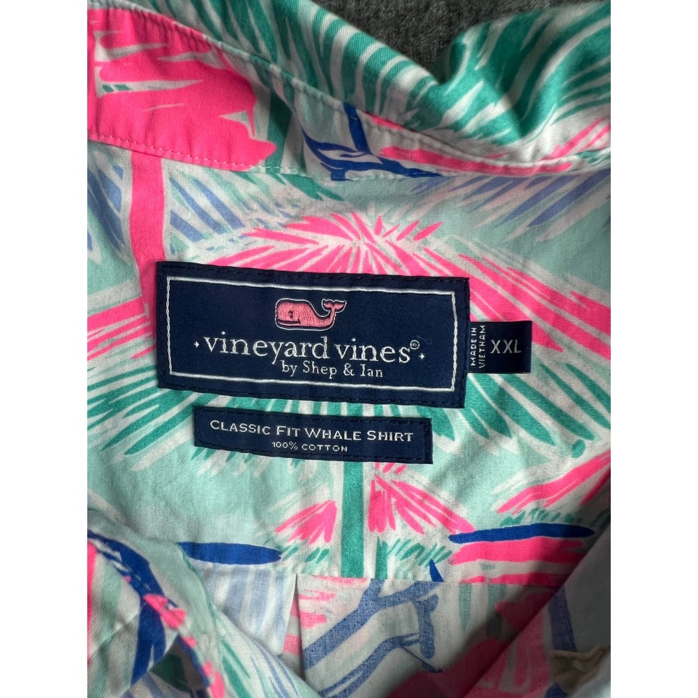 Vineyard Vines Mens XXL Beach Chair Palm Tree Print Cotton Whale Shirt Pink Blue - Picture 4 of 8